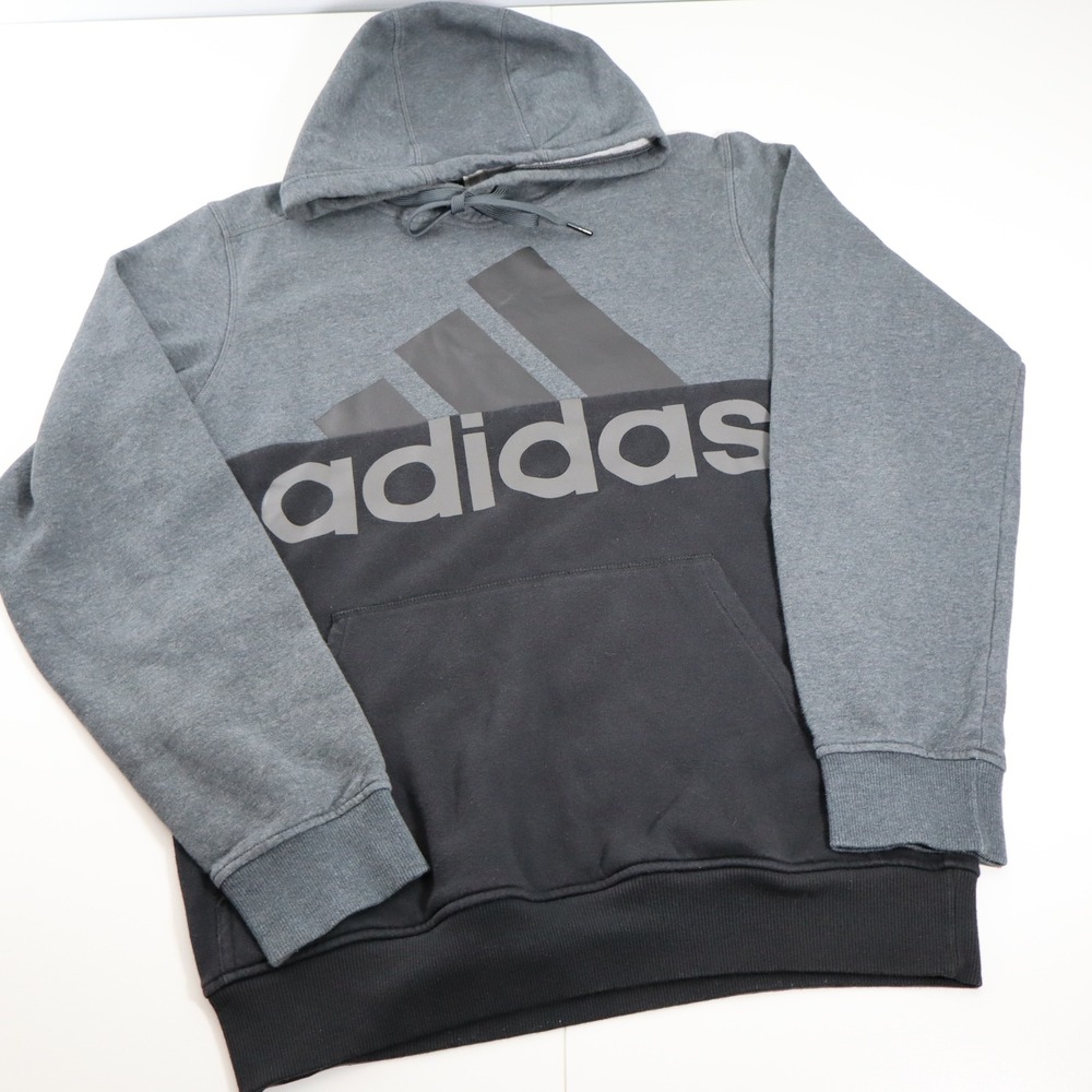 Adidas Mens Grey Black Colorblock Logo Pullover Hoodie Sweatshirt Size Small